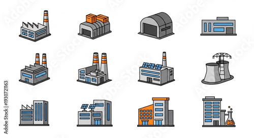 Industrial Buildings and Factory Icons Set.