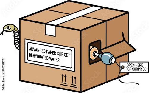 A humorous cartoon illustration depicting a surprise prank box labeled with "dehydrated water" and a mischievous snake peeking from behind.