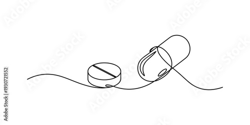 Minimalist line art illustration of a round pill and a capsule medicine on a white background. Vector, illustration