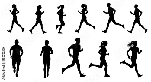 Diverse silhouettes of people engaged in various forms of running and movement activities
