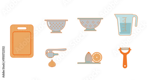 Set of 6 flat vector icons representing food preparation for professional kitchen management