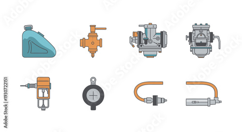 Collection of 6 flat vector icons representing Fuel Systems for internal combustion engines