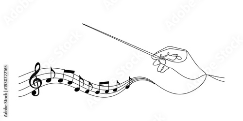 Hand of a conductor leading a musical score with flowing notes and a treble clef Vector, illustration