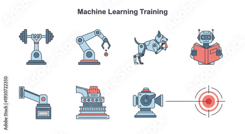 Collection of 6 flat vector icons representing Machine Learning Training for AI algorithms