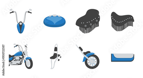 Collection of 6 flat vector icons representing Motorcycle Cruisers for long distance riding