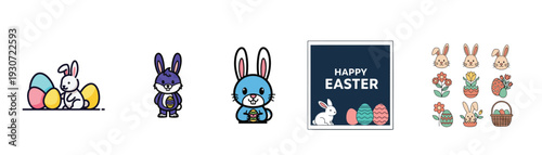 Collection of adorable cartoon Easter bunnies and decorated eggs, celebrating spring with festive, charming, and delightful holiday imagery.