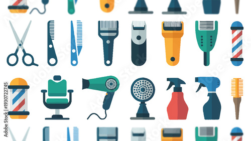 A flat design illustration of a barbershop icon set arranged in two horizontal rows against a white background (3)_traced