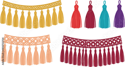 Colorful decorative tassel and fringe trim collection illustration with woven textile bands, fashion embellishment design, interior decoration accessory, vibrant handmade craft vector
