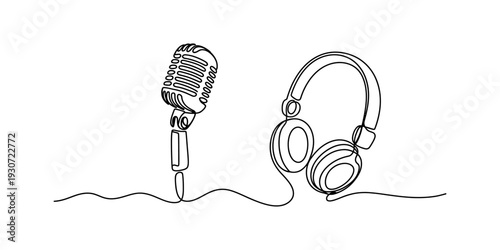 Single line drawing of a professional microphone and headphones for podcasting or music. Vector, illustration