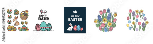 Charming flat design collection of Easter elements, featuring bunnies, decorated eggs, festive baskets, and blooming spring flowers, perfect for holiday greetings.