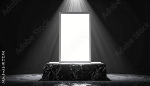 A white frame, center stage on a dark stone stand, bathed in light against a dark background