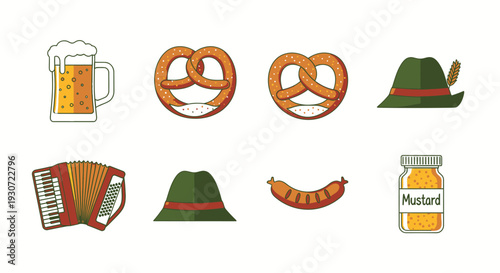 Collection of 6 flat vector icons representing Oktoberfest for German beer festival promotions