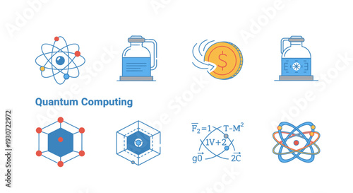 Set of 6 flat vector icons representing Quantum Computing for advanced scientific technology