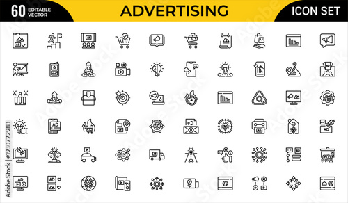 Advertising and Online Marketing Line Icon Set for Digital Promotion, Mobile Business, Brand Strategy and Market Communication Outline Vector Collection