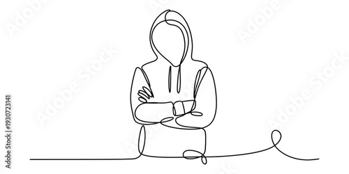 Continuous line drawing of a person wearing a hooded sweatshirt with arms crossed on white background. Vector, illustration