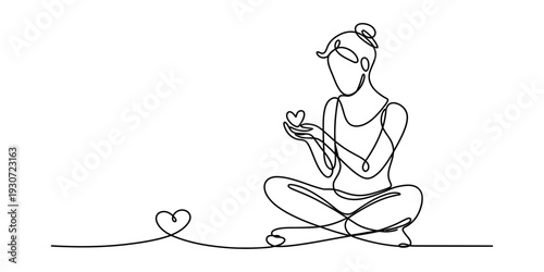 Minimalist continuous line drawing of a woman sitting and holding a heart for self love Vector, illustration