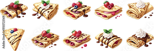 Delicious crepe collection illustration with diverse fillings and toppings, chocolate syrup, whipped cream, fresh berries, mint garnish, sweet dessert food vector art