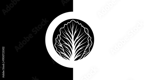 Black and white illustration with a central plant motif encircled by a partial ring