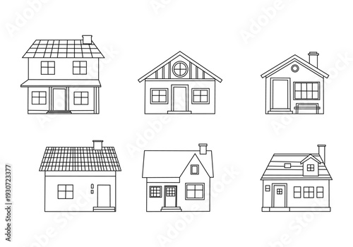 Set of suburban buildings in flat style. Isolated clip art on white background for vacation, eco-living, architecture, rural concepts. 