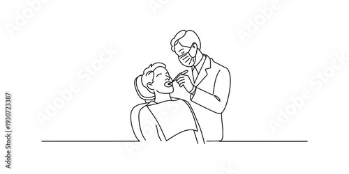 Minimalist line drawing of a male dentist examining a female patient in a dental clinic chair Vector, illustration