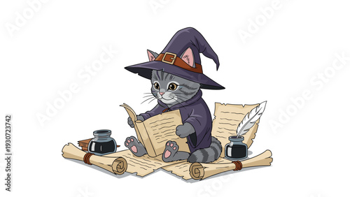 Small grey tabby cat dressed as a magical wizard with a purple hat and robe reading ancient scrolls and paper books.