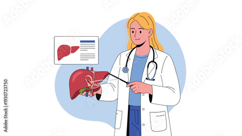 Female doctor in a white coat using a pointer stick to explain human liver anatomy with a medical diagram in the back.