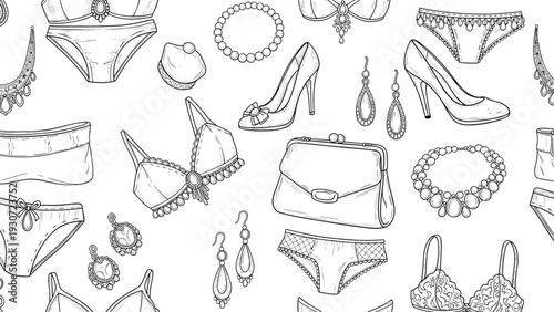 Fashionable monochrome seamless pattern featuring hand drawn sketches of lingerie, high heels, and various luxury jewelry pieces.