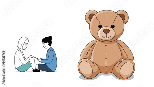 Two young girls sitting on the floor and using digital tablets next to a giant brown stuffed animal teddy bear toy.