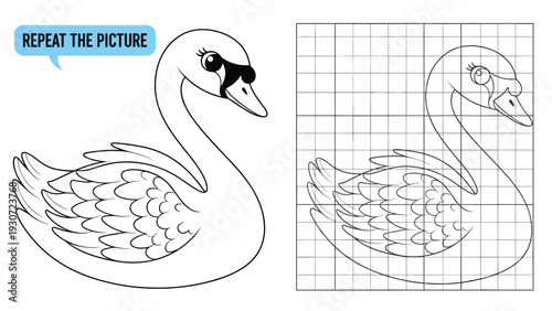 Educational drawing activity for children featuring a swan illustration to repeat and color using a grid for guidance.