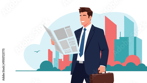 Smiling businessman in a formal suit holding a newspaper and a brown briefcase with a city skyline in the background.
