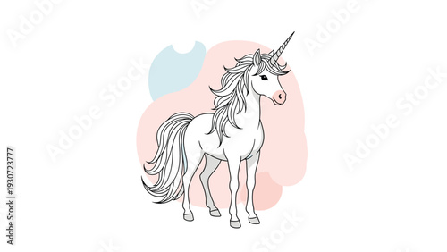 Magical white unicorn with a silver horn and long flowing mane standing against a soft colorful abstract background.
