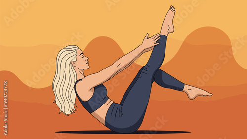 Fit young woman with long blonde hair practicing core strengthening pilates exercises against an orange sunset sky.