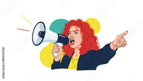 Furious woman with red curly hair shouting through a megaphone and pointing her finger aggressively at someone.