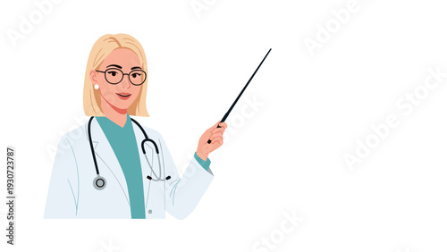 Professional female doctor wearing glasses and a white coat pointing with a wooden stick towards a blank empty space.