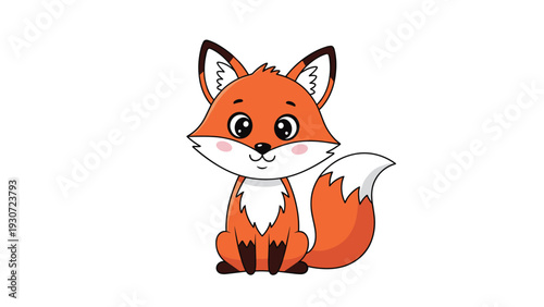 Adorable little orange fox with a big bushy tail and large curious eyes sitting peacefully on a white background.