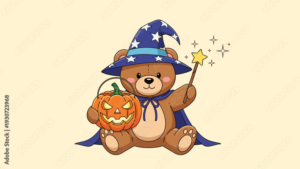 Naklejka premium Charming teddy bear dressed as a wizard in a star-patterned hat holds a magic wand and a carved jack-o-lantern bucket.
