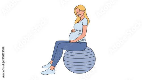 Cheerful pregnant woman with blonde hair sits comfortably on a blue fitness ball, practicing gentle exercises for prenatal wellness.