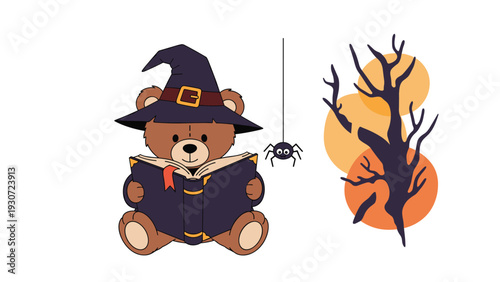 Cute teddy bear wearing a wizard hat reads a spooky book near a spider and a leafless tree under a glowing autumn moon.