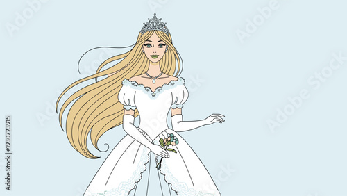 Elegant blonde princess in a flowing white gown and a sparkling silver crown holds a bouquet of small blue flowers.
