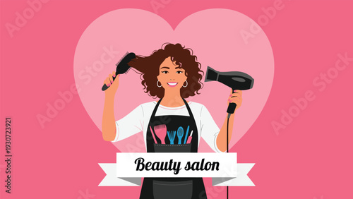 Friendly female hair stylist stands in front of a pink heart, holding a professional hairbrush and a blow dryer for a client.