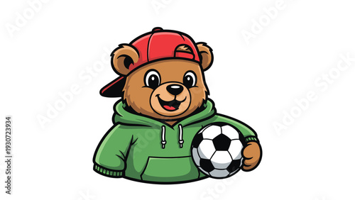 Energetic teddy bear wearing a red cap and a green hoodie holds a soccer ball, ready to play a fun game of football.