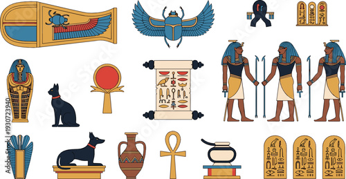 Ancient Egypt symbols and deities flat vector illustration set with Anubis scarab sarcophagus hieroglyphs papyrus ankh and pharaoh figures