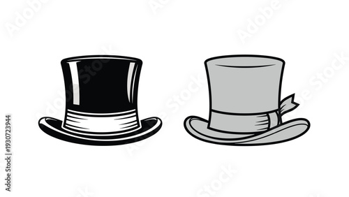 Illustration shows two classic top hats, one in solid black and one in light grey, positioned side by side on a plain surface.