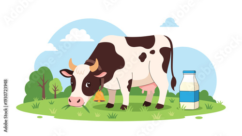 Content cow grazes in a green pasture with trees in the background, standing next to a fresh bottle of milk on the grass.