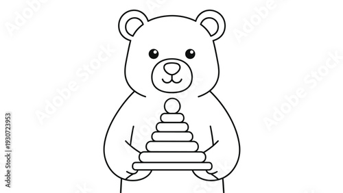 Simple line art drawing features a cute teddy bear holding a traditional stacking ring toy, perfect for children to color.