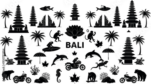 Set of black Bali silhouettes featuring traditional temples palm trees monkeys dolphins surfers and cultural landmarks for travel and tourism designs,
