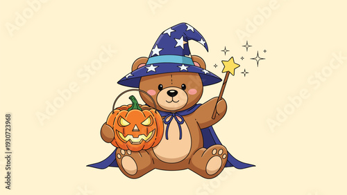 Charming teddy bear dressed as a wizard in a star-patterned hat holds a magic wand and a carved jack-o-lantern bucket.