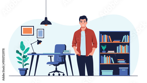 Young man stands comfortably in his modern home office, which features a tidy desk, a comfortable chair, and a full bookshelf.