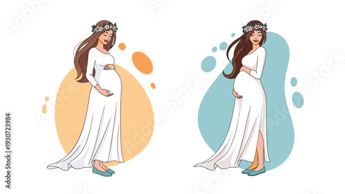 Two beautiful pregnant women in elegant white dresses stand gracefully against artistic shapes, celebrating the beauty of motherhood.