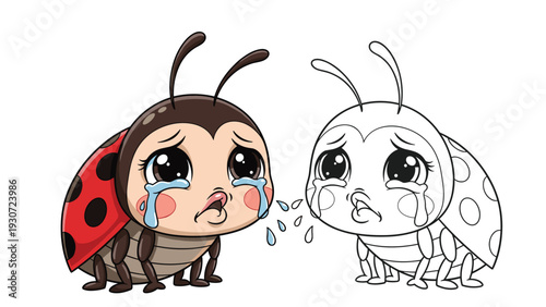 Emotional illustration shows two little ladybugs crying with large tears, offered in both full color and black and white line art.